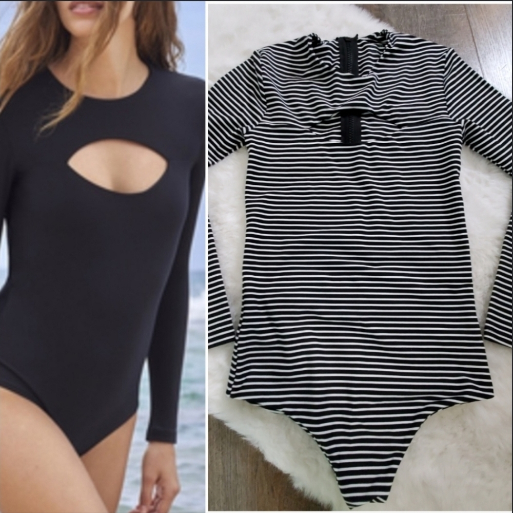 MIKOH Lunar Cutout Bodysuit Rashguard Stripe Black and White